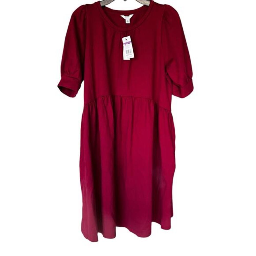 CROWN & IVY Cranberry Red Puff Balloon Sleeve Dress Pockets Boho NWT size M